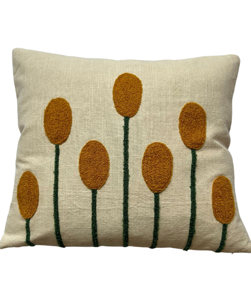 Cream brown hand embroidered slub cotton cushion cover