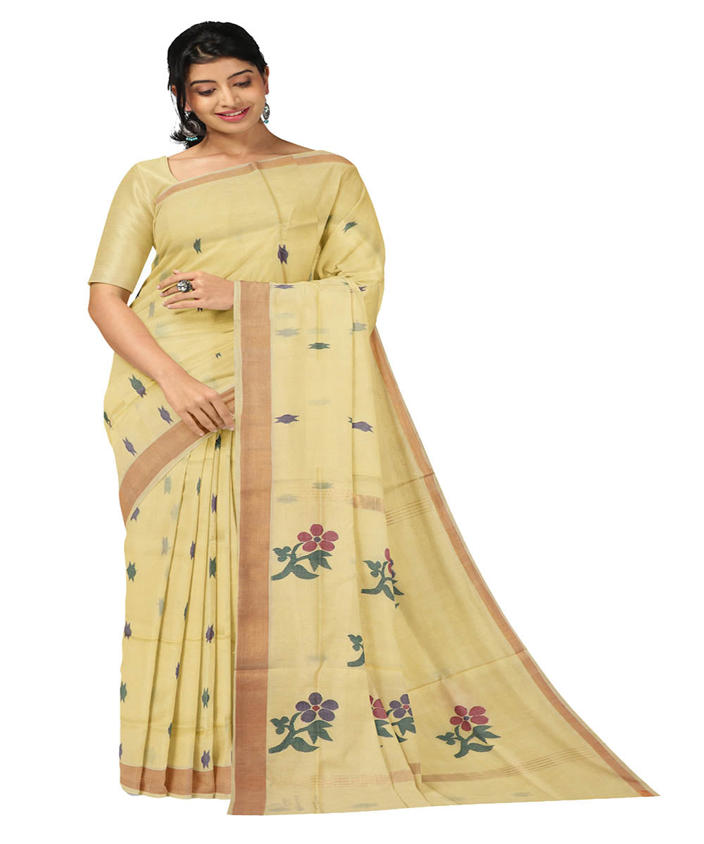 Cream flower motif cotton handwoven uppada saree