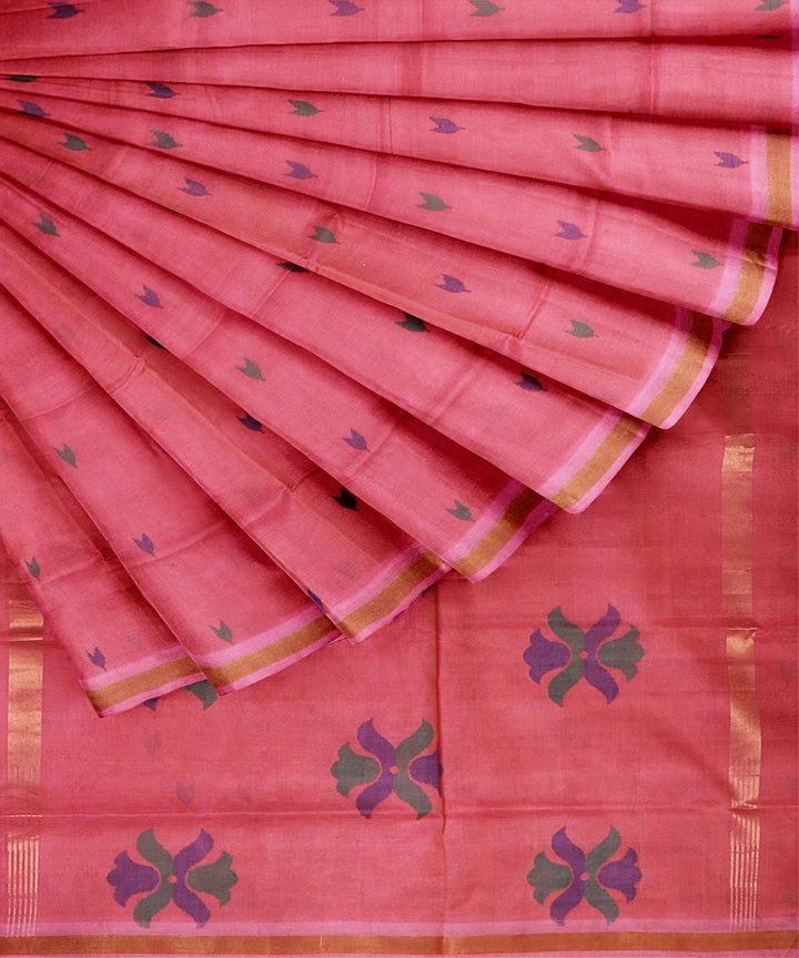 Pink flower motif cotton handwoven uppada saree