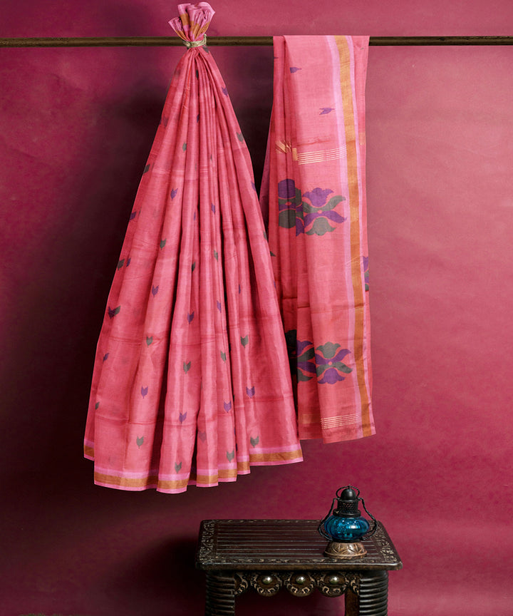 Pink flower motif cotton handwoven uppada saree