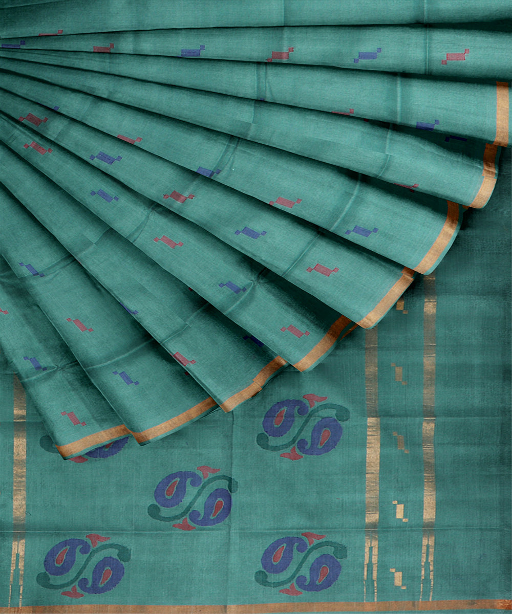 Cyan blue buti cotton handwoven uppada saree