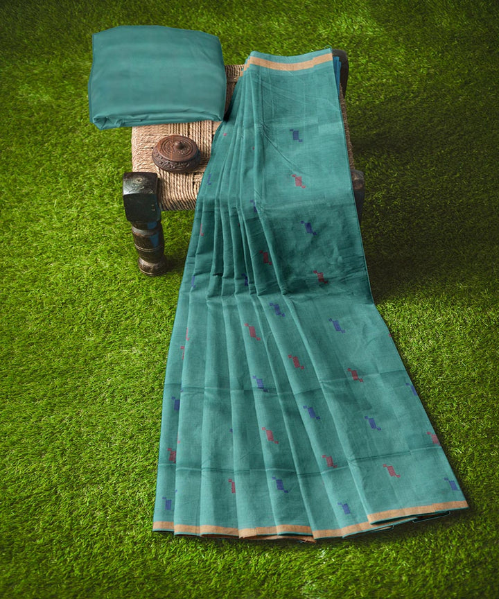 Cyan blue buti cotton handwoven uppada saree