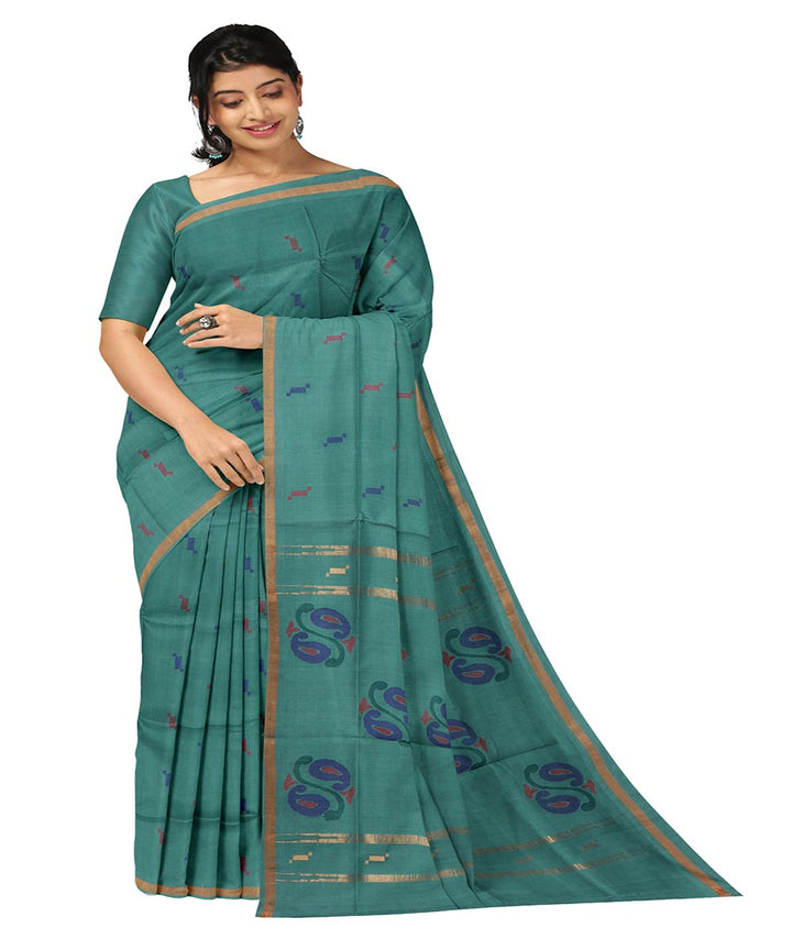 Cyan blue buti cotton handwoven uppada saree