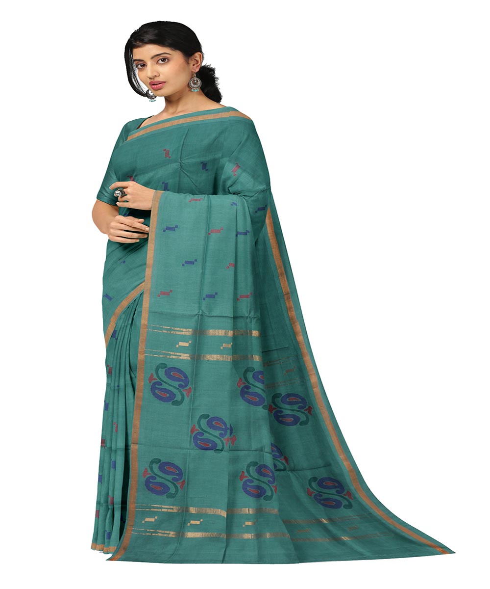 Cyan blue buti cotton handwoven uppada saree