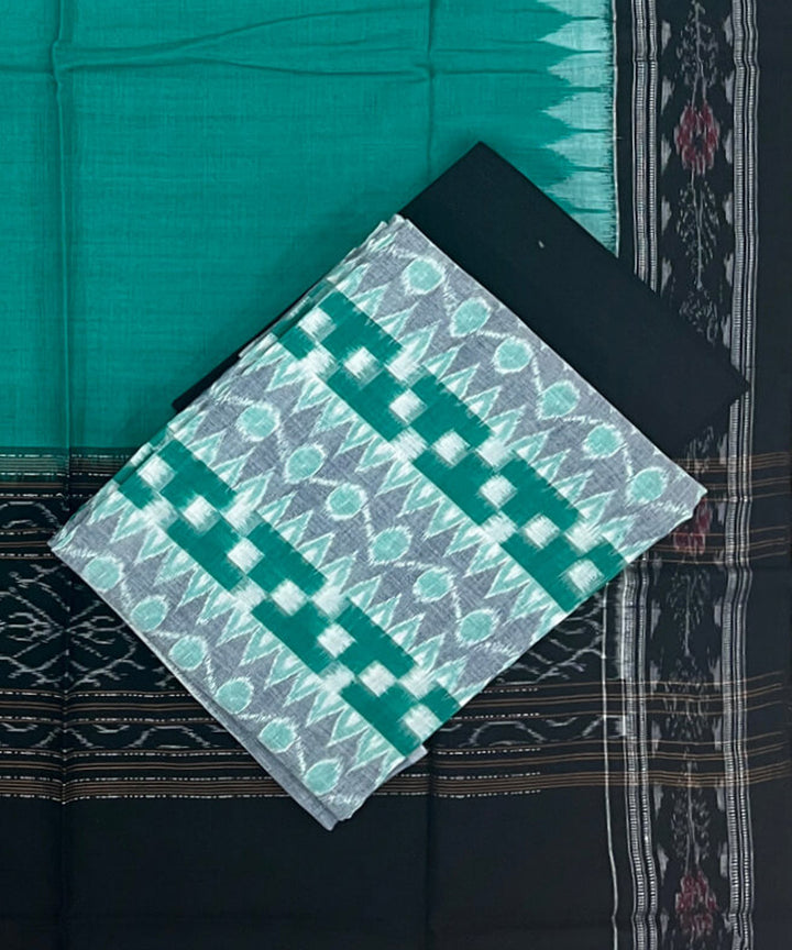 3pc Green white handwoven cotton double ikat sambalpuri dress material