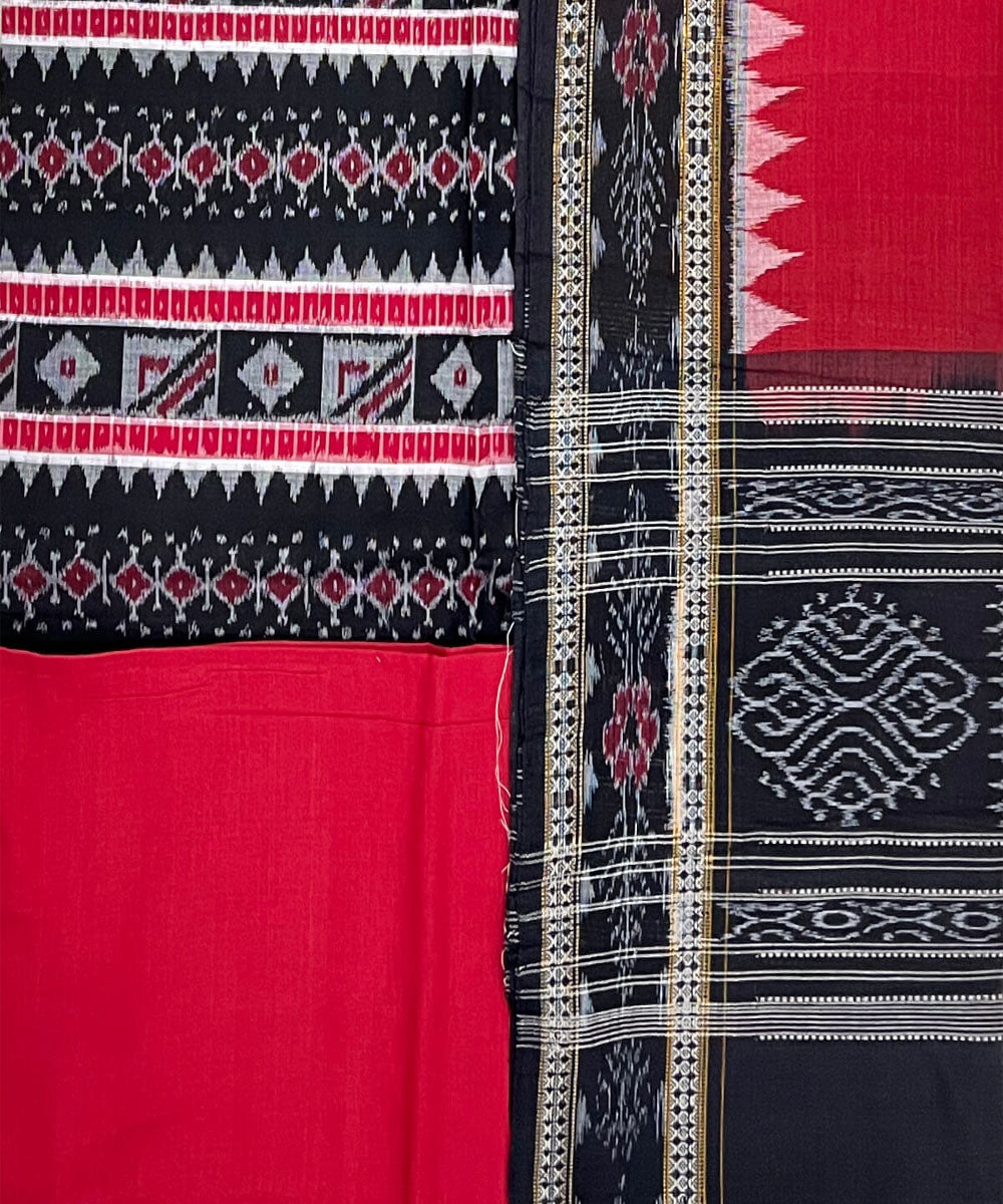 3pc Black red handwoven cotton double ikat sambalpuri dress material