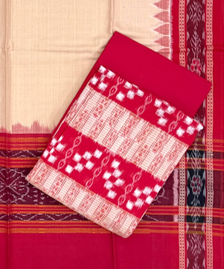 3pc Red cream handwoven cotton double ikat sambalpuri dress material