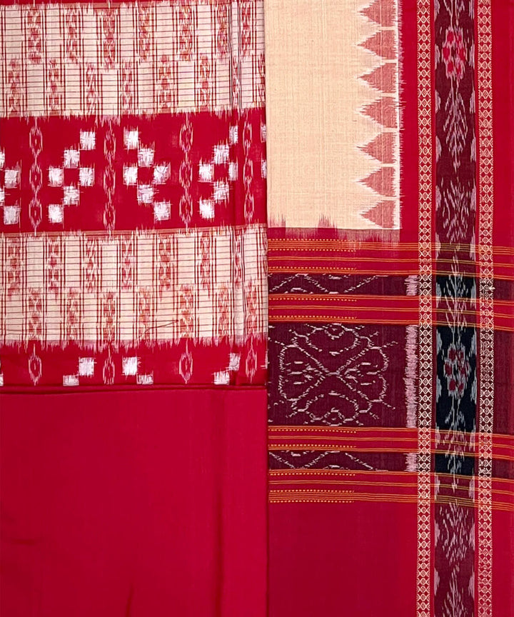 3pc Red cream handwoven cotton double ikat sambalpuri dress material