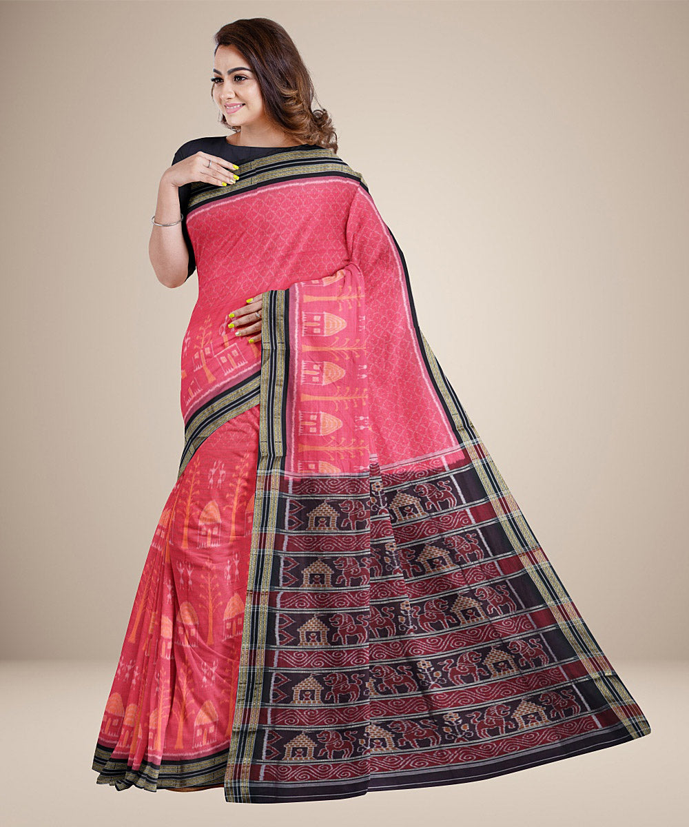 Dark peach black handwoven cotton nuapatna saree