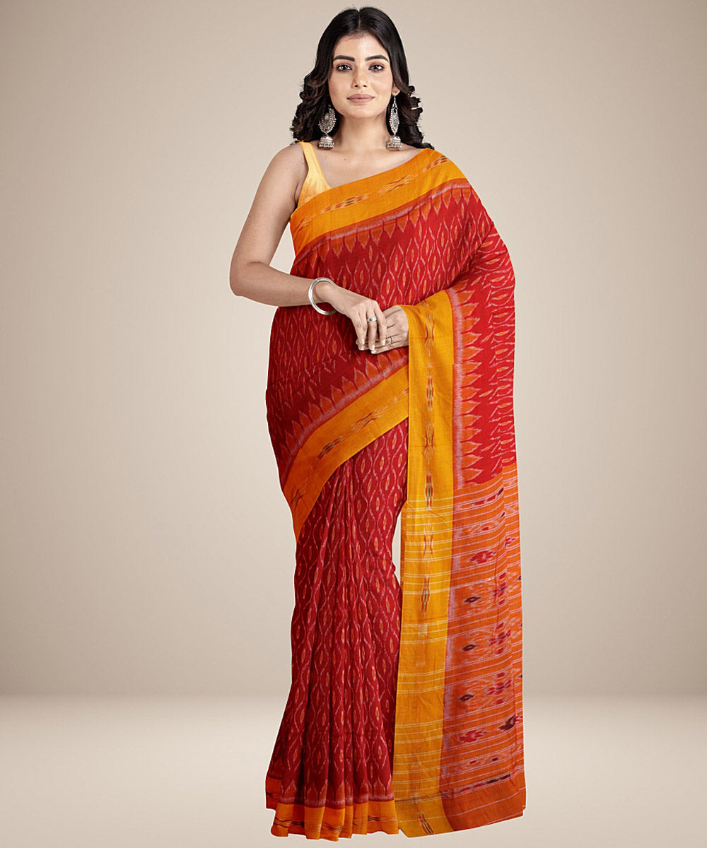 Red orange yellow handwoven cotton nuapatna saree