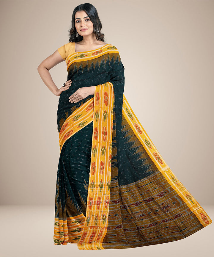 Dark green yellow handwoven cotton nuapatna saree