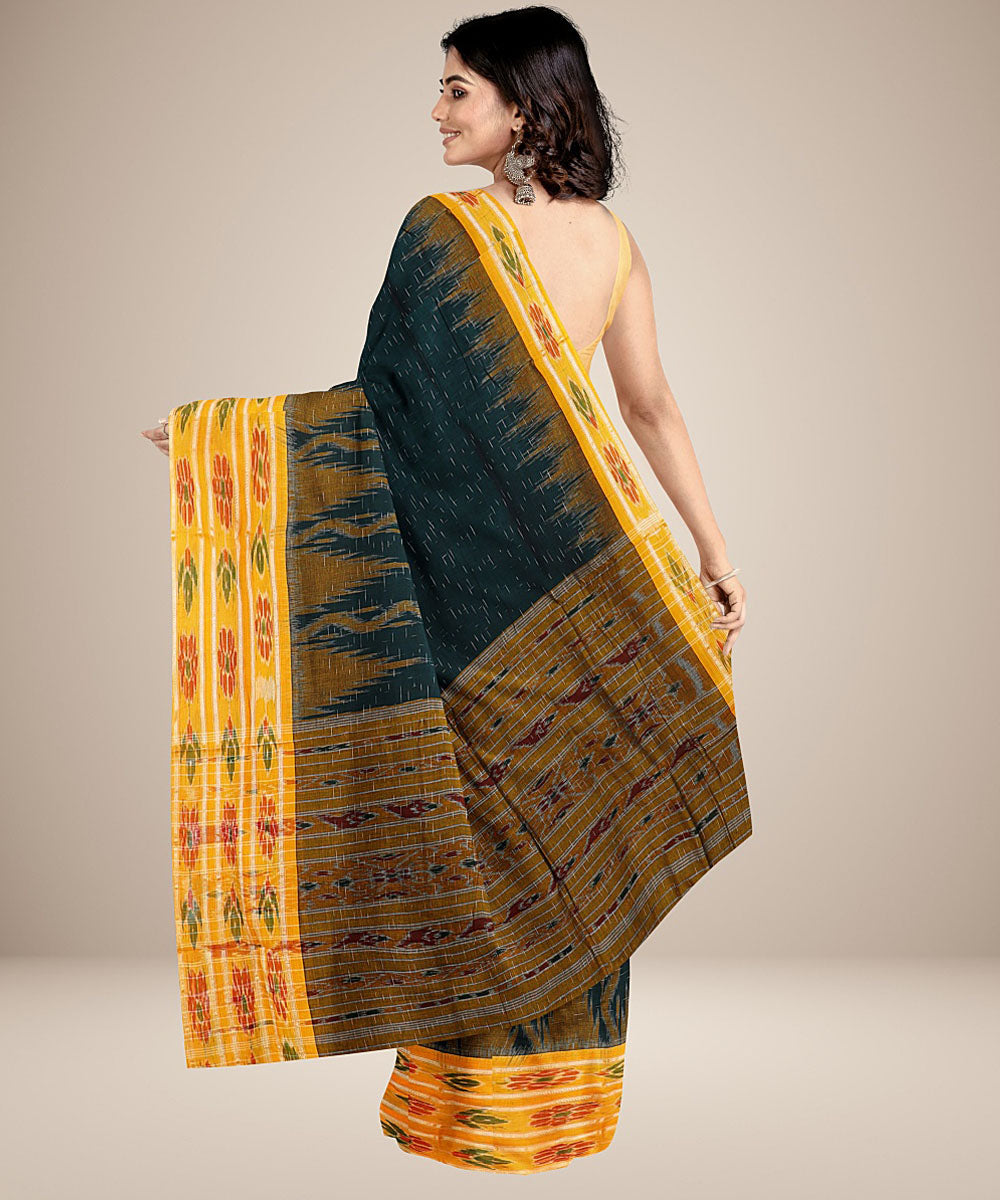 Dark green yellow handwoven cotton nuapatna saree