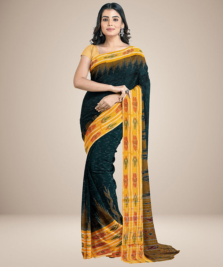 Dark green yellow handwoven cotton nuapatna saree