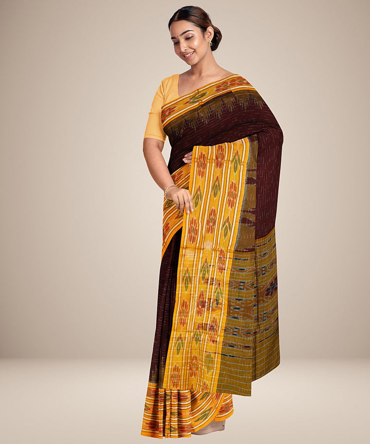 Maroon yellow handwoven cotton nuapatna saree