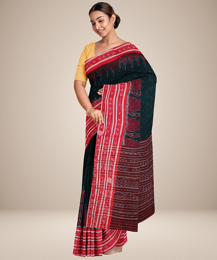 Dark green red handwoven cotton nuapatna saree