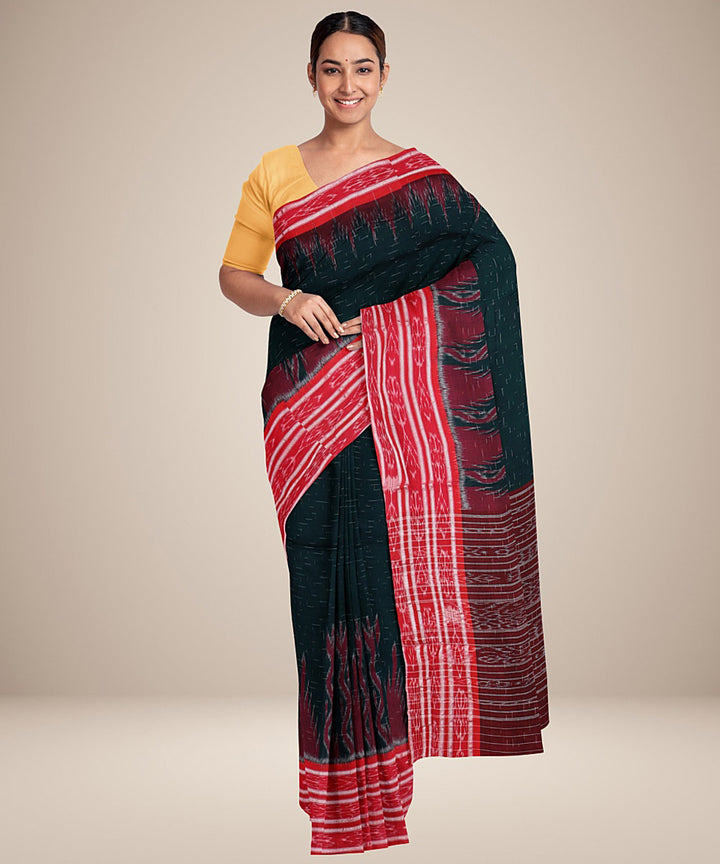 Dark green red handwoven cotton nuapatna saree