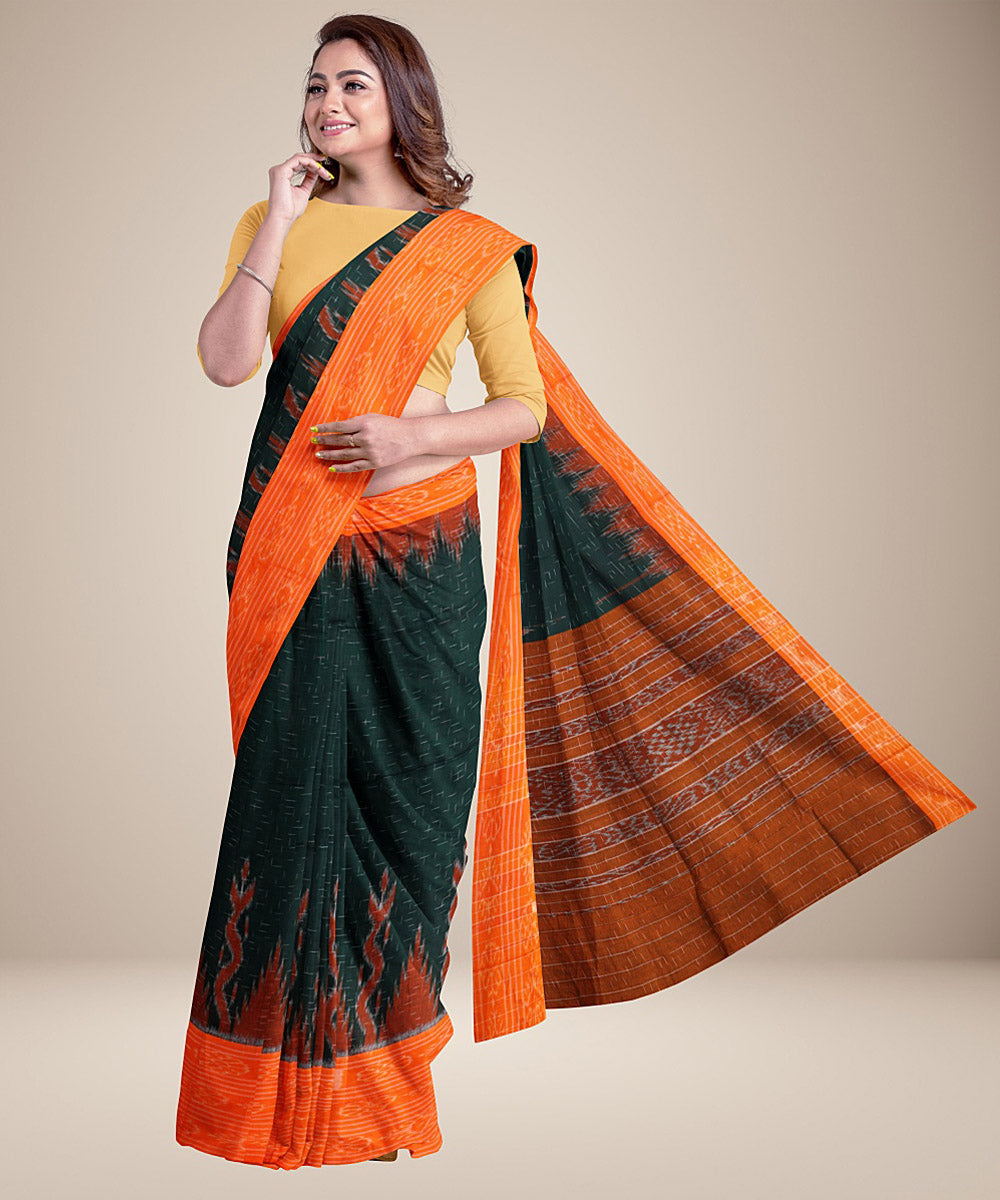 Dark green orange handwoven cotton nuapatna saree