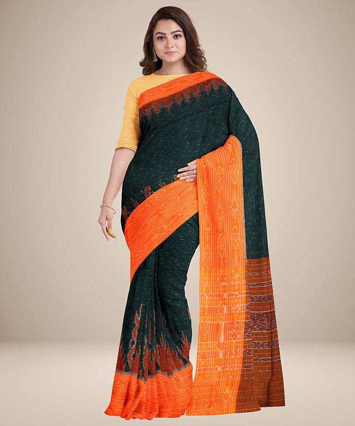 Dark green orange handwoven cotton nuapatna saree