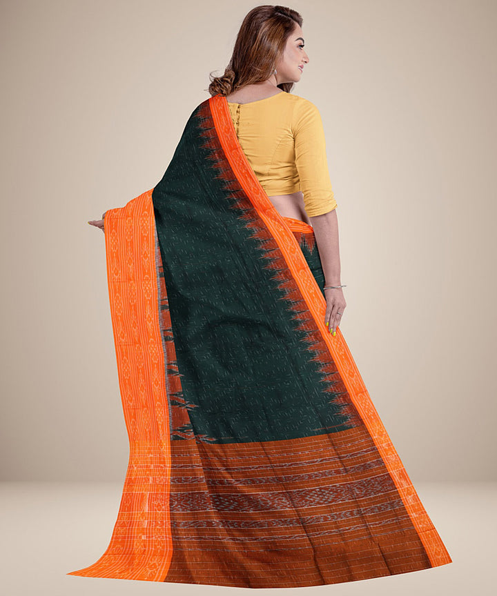 Dark green orange handwoven cotton nuapatna saree