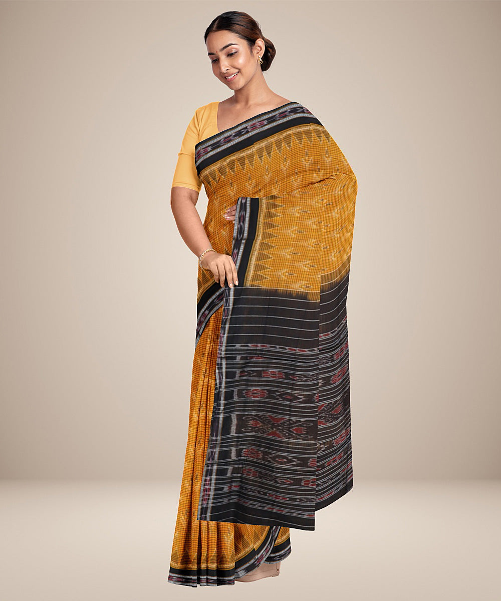 Yellow black handwoven cotton nuapatna saree