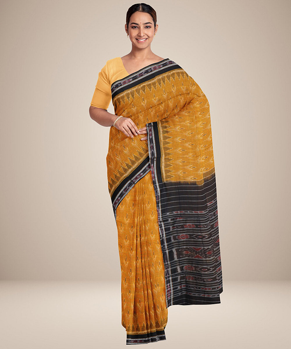 Yellow black handwoven cotton nuapatna saree