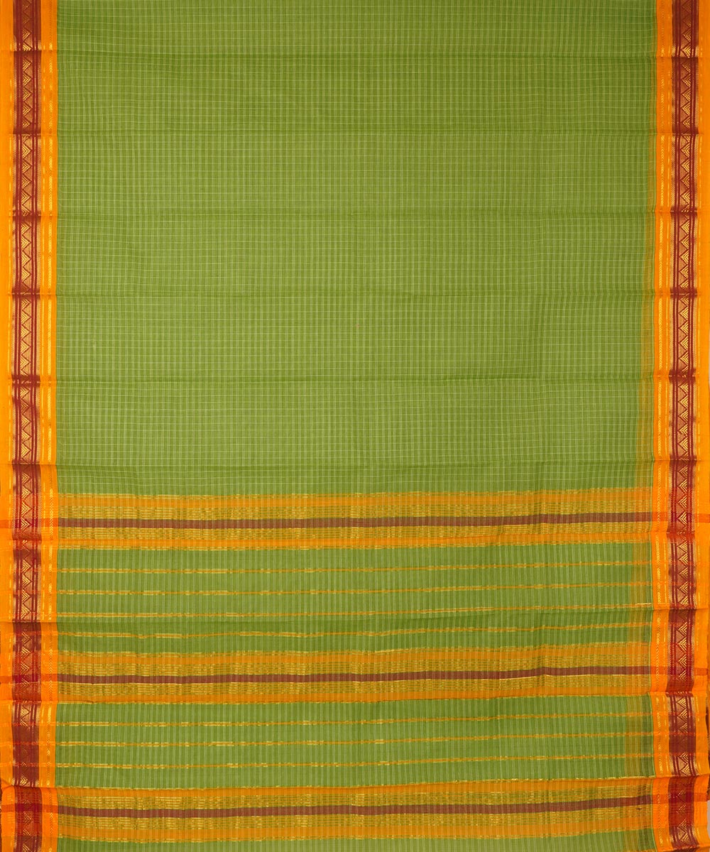 Light green yellow checks cotton handwoven narayanapet saree