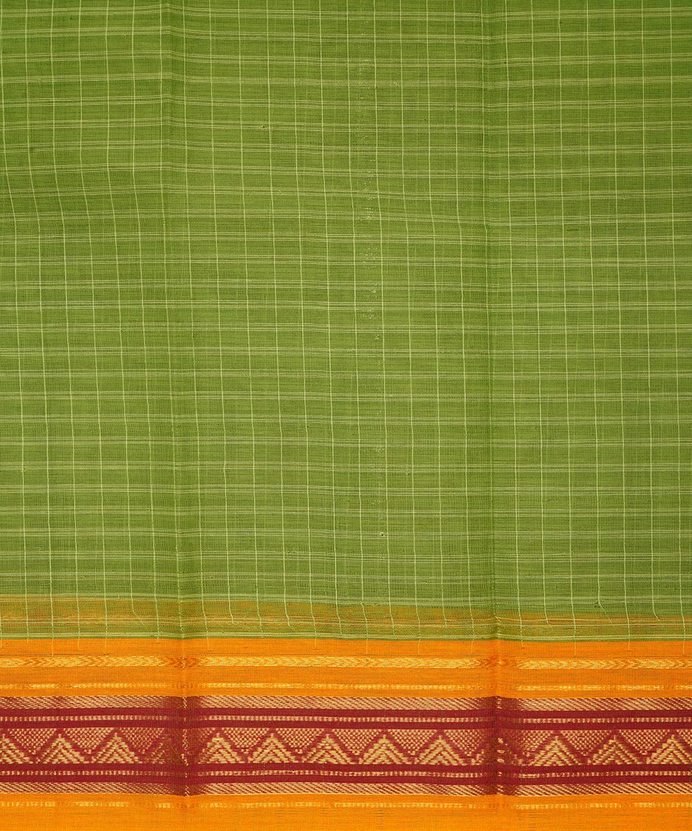 Light green yellow checks cotton handwoven narayanapet saree