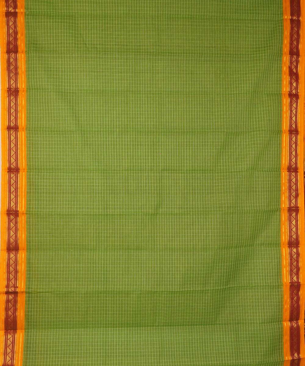 Light green yellow checks cotton handwoven narayanapet saree