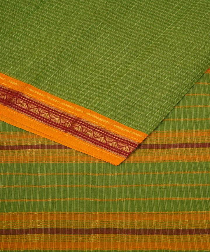 Light green yellow checks cotton handwoven narayanapet saree