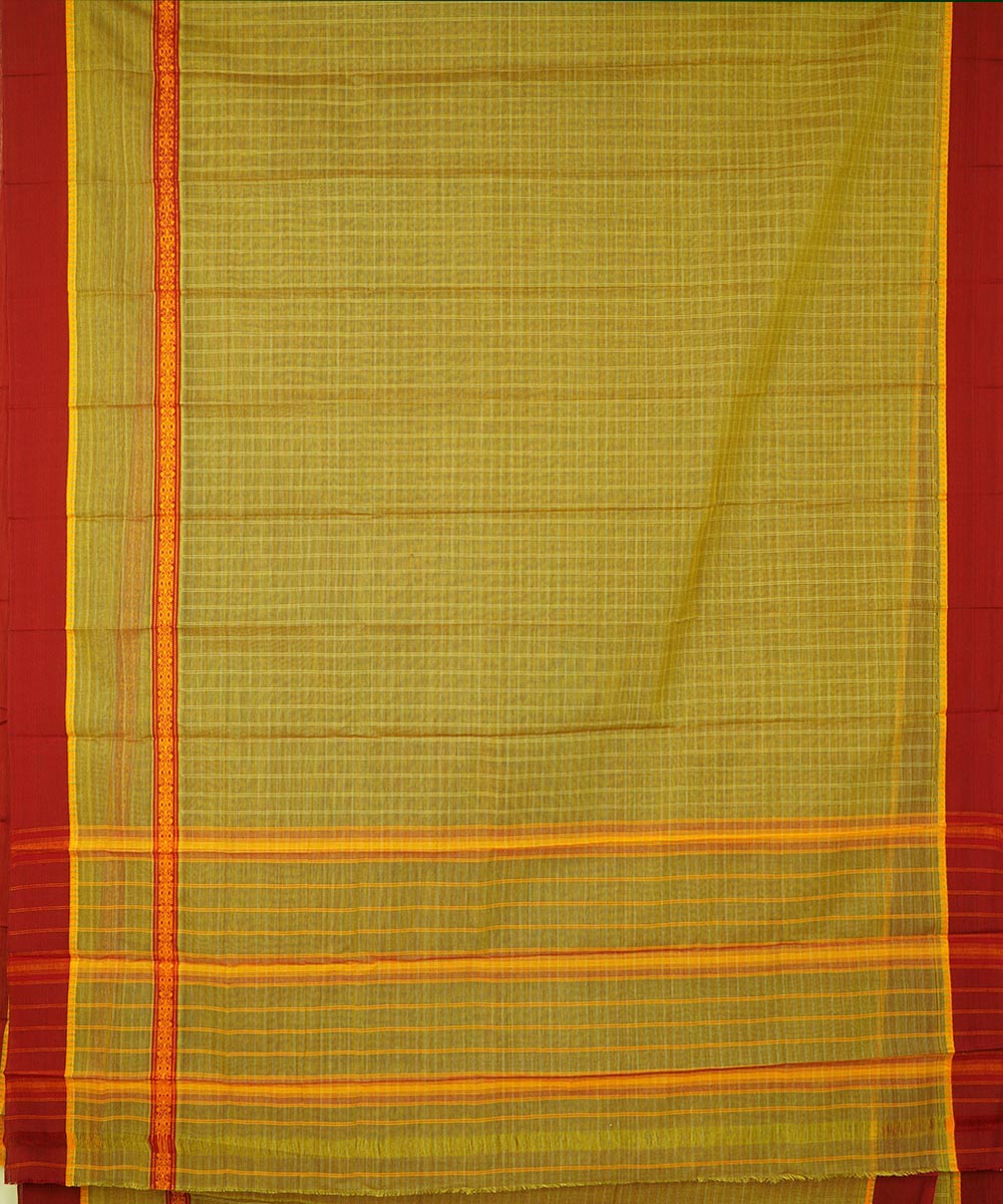Light green yellow checks cotton handloom narayanapet saree