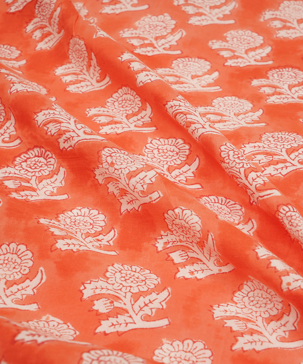 Orange handblock print cotton sanganeri kurta material