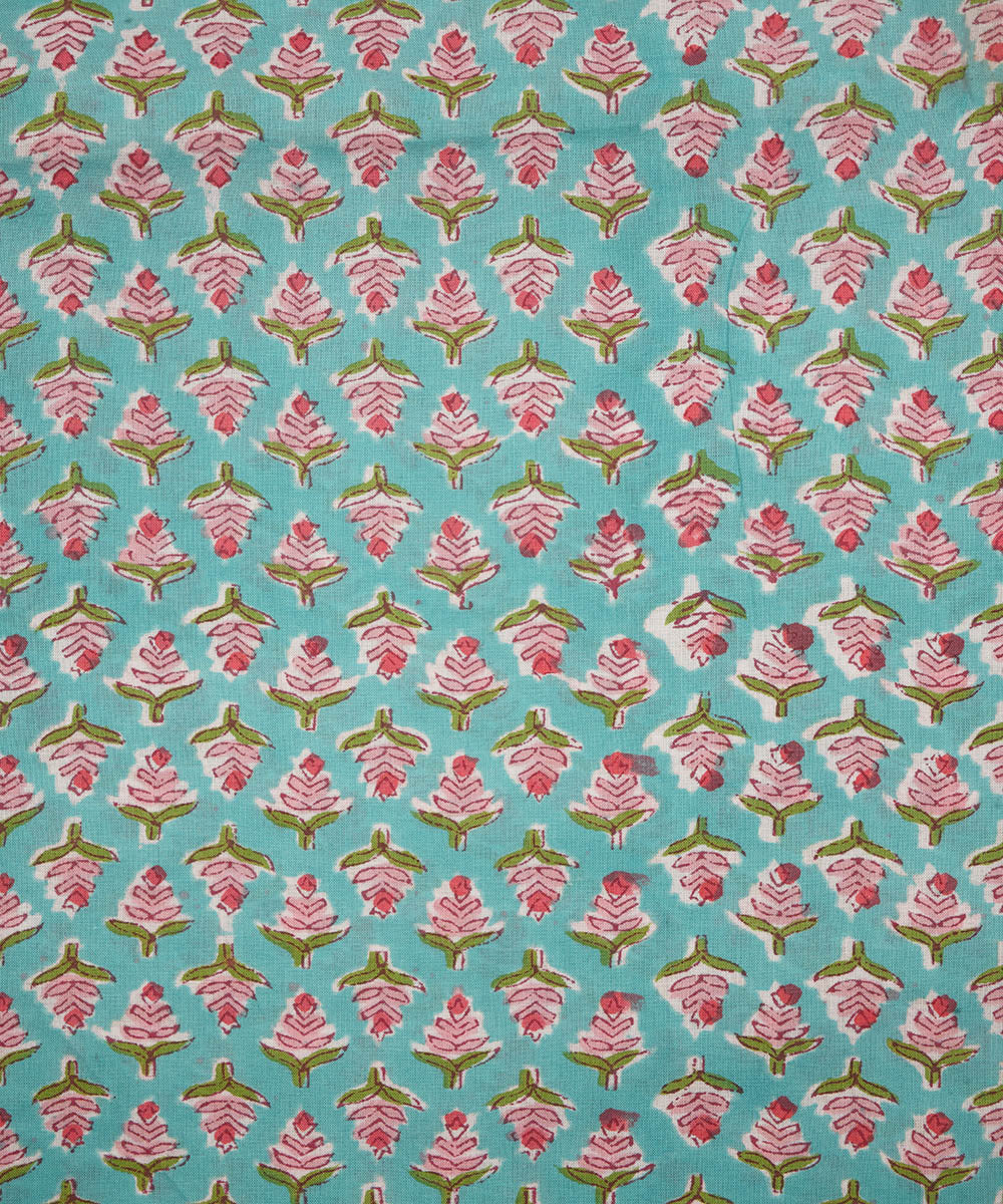 Aqua green handblock print cotton sanganeri fabrics