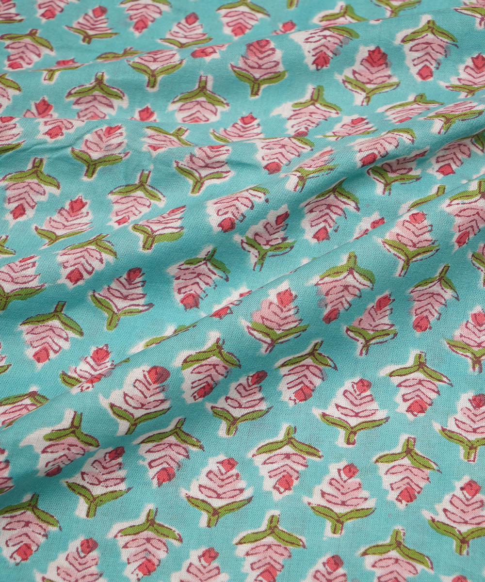 Aqua green handblock print cotton sanganeri fabrics