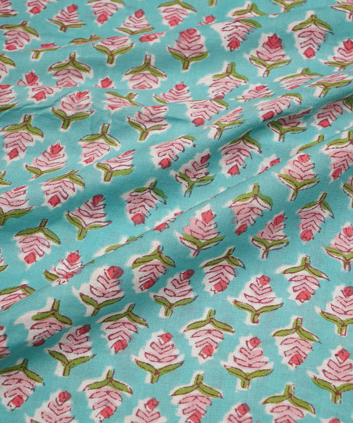 Aqua green handblock print cotton sanganeri fabrics