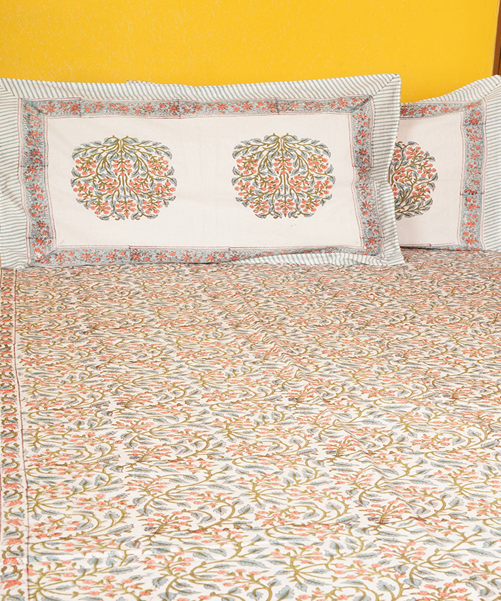 White base all over design cotton hand block printed bedsheet