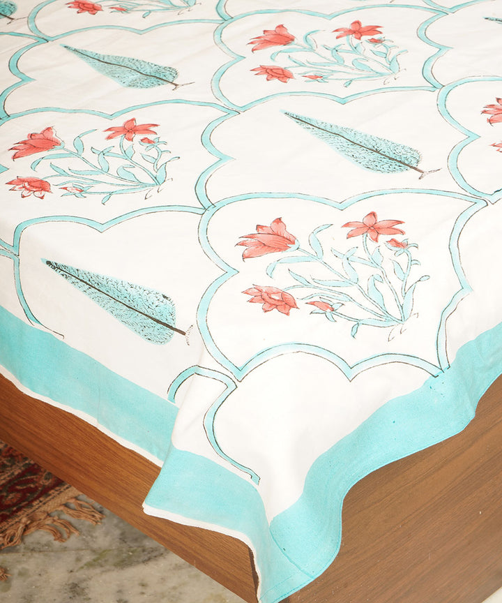 White sky blue cotton hand block printed bedsheet