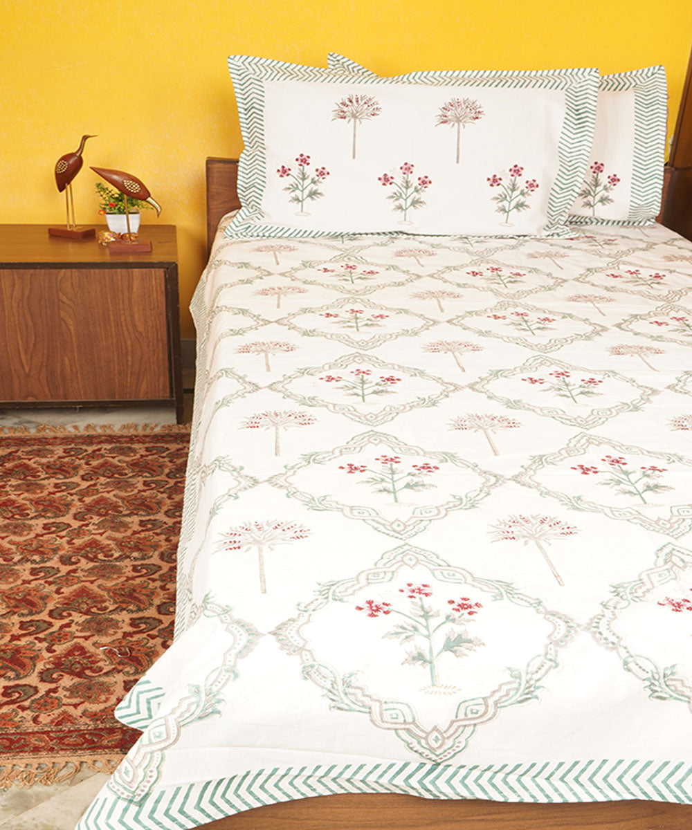 White blue cotton hand block printed bedsheet