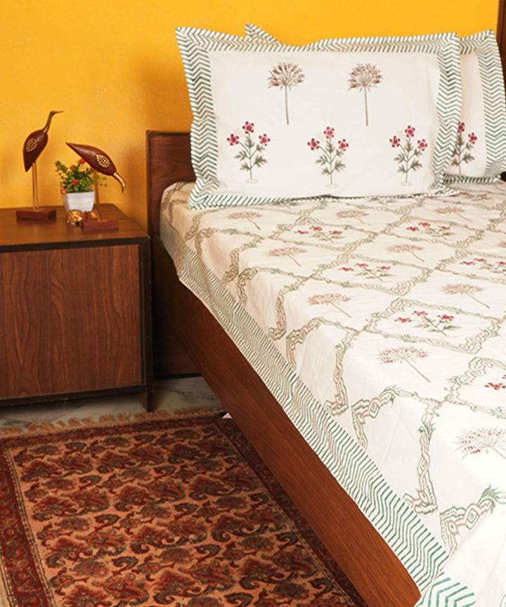 White blue cotton hand block printed bedsheet