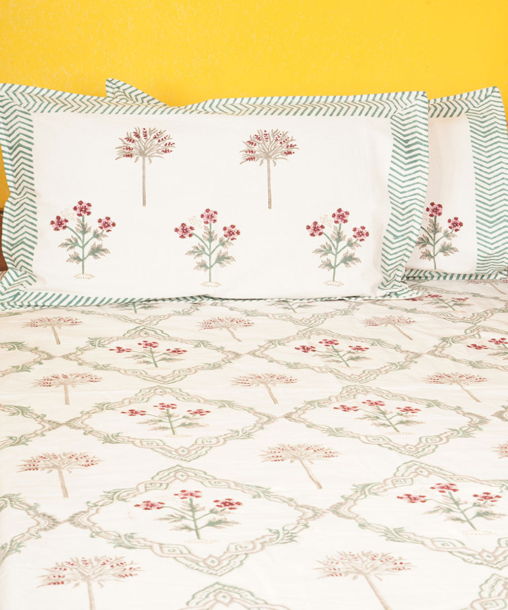 White blue cotton hand block printed bedsheet