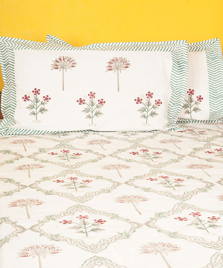 White blue cotton hand block printed bedsheet