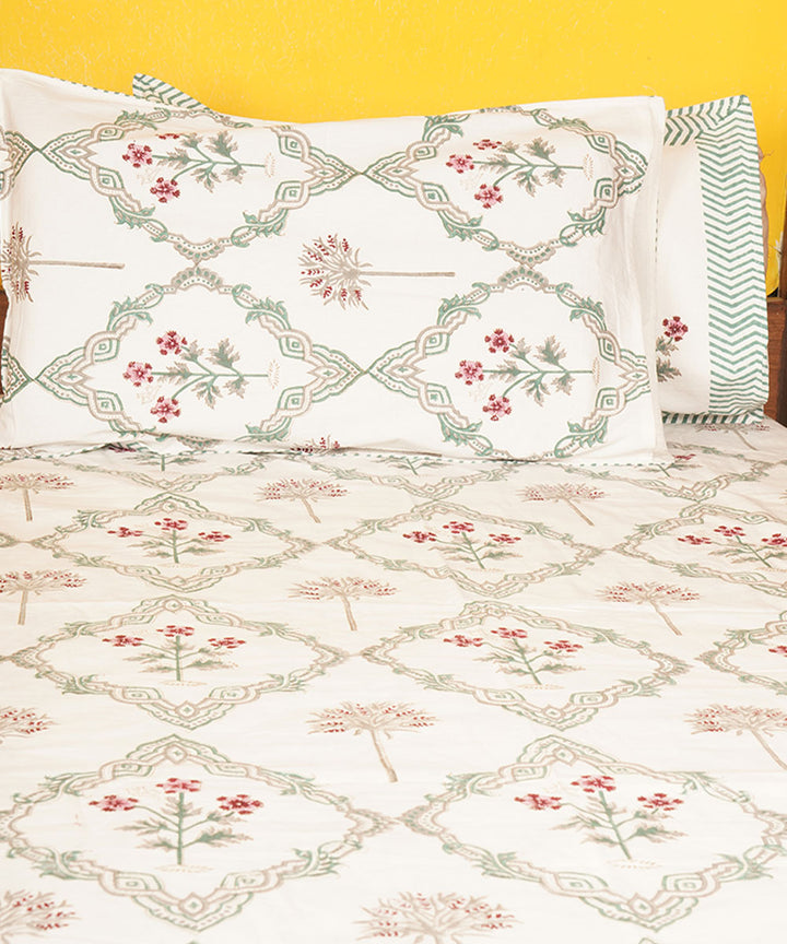 White blue cotton hand block printed bedsheet