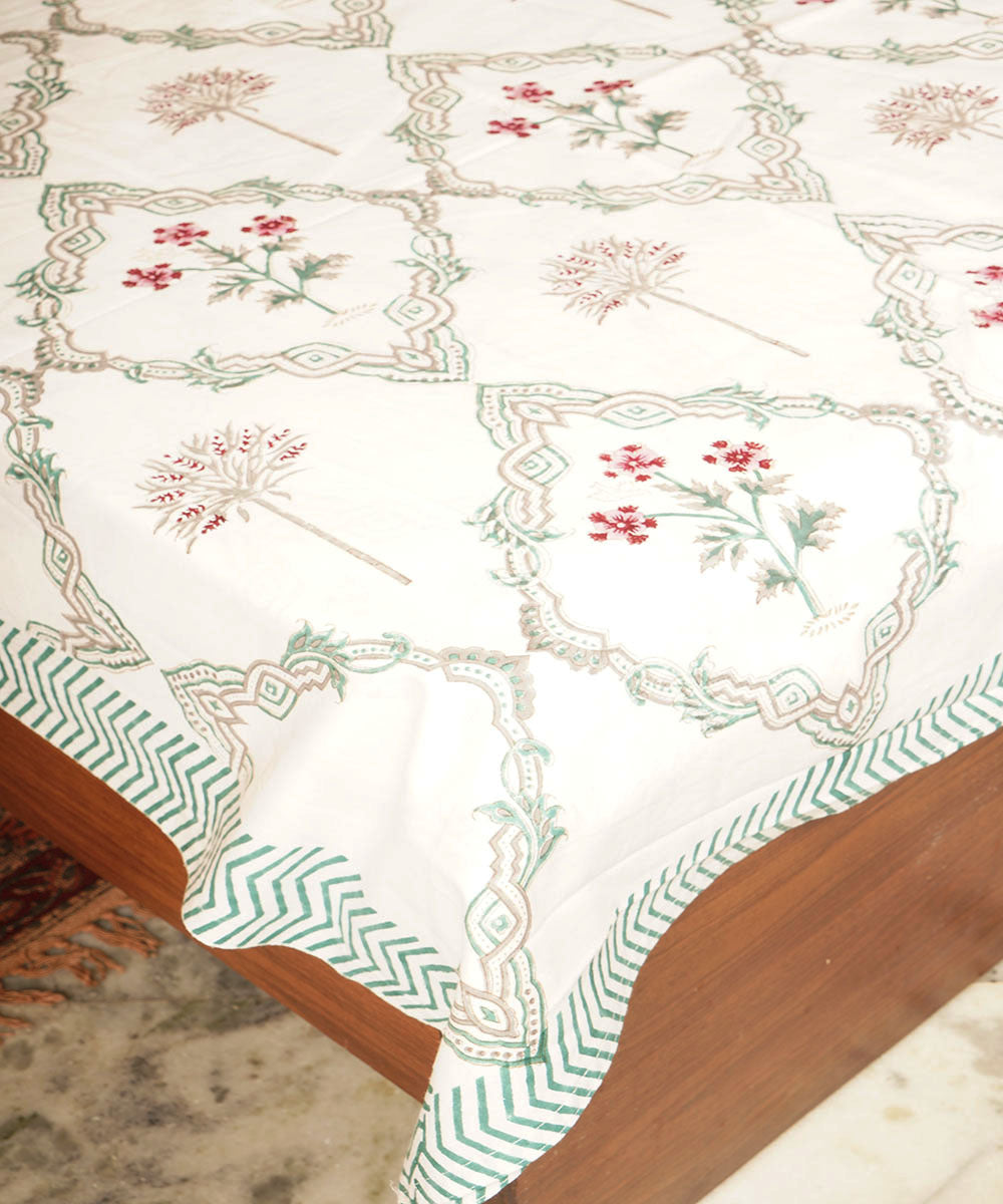 White blue cotton hand block printed bedsheet
