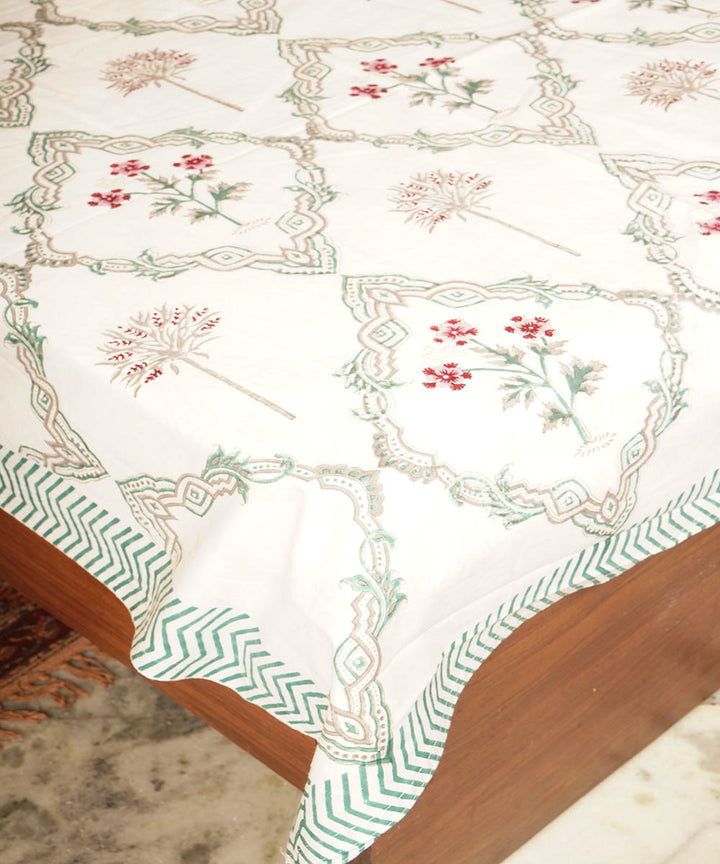 White blue cotton hand block printed bedsheet