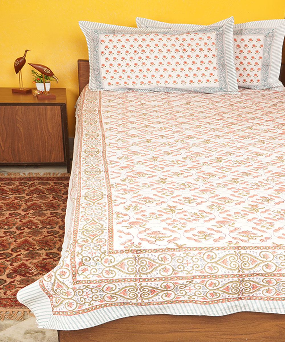White brown cotton block hand printed bedsheet