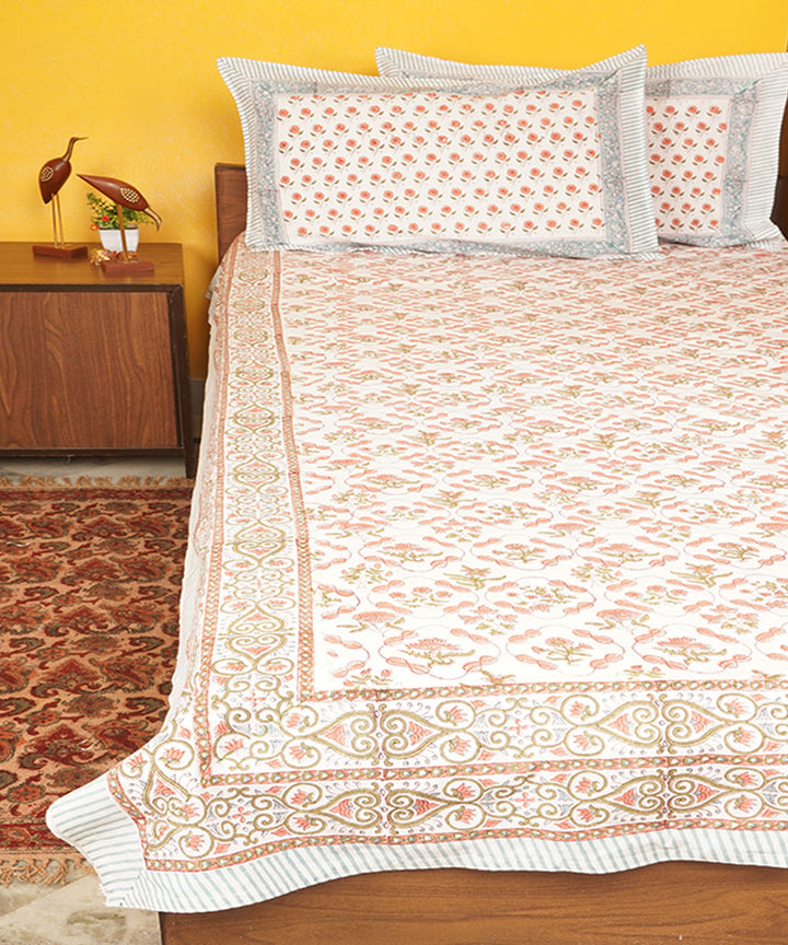 White brown cotton block hand printed bedsheet