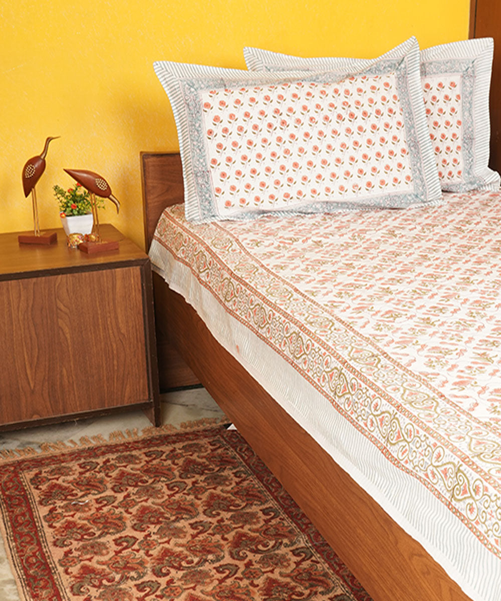White brown cotton block hand printed bedsheet