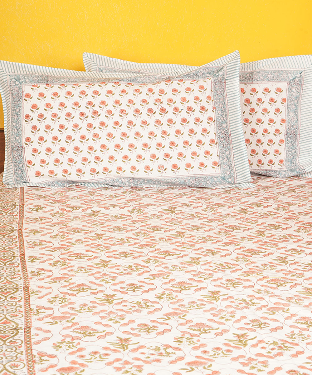 White brown cotton block hand printed bedsheet