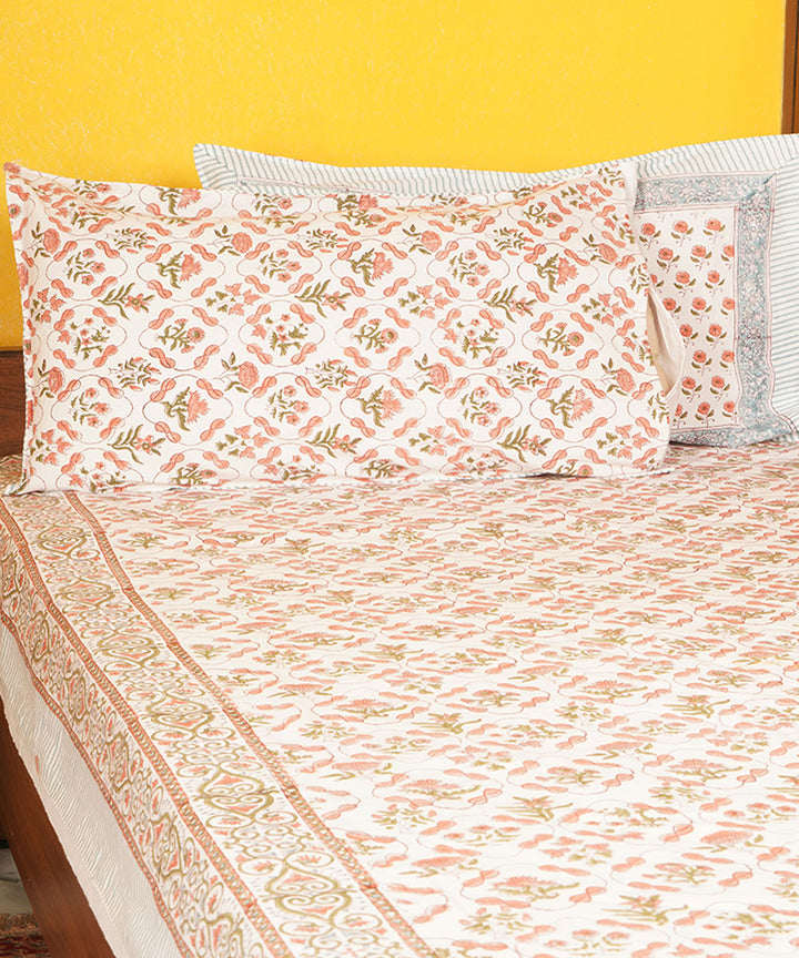 White brown cotton block hand printed bedsheet