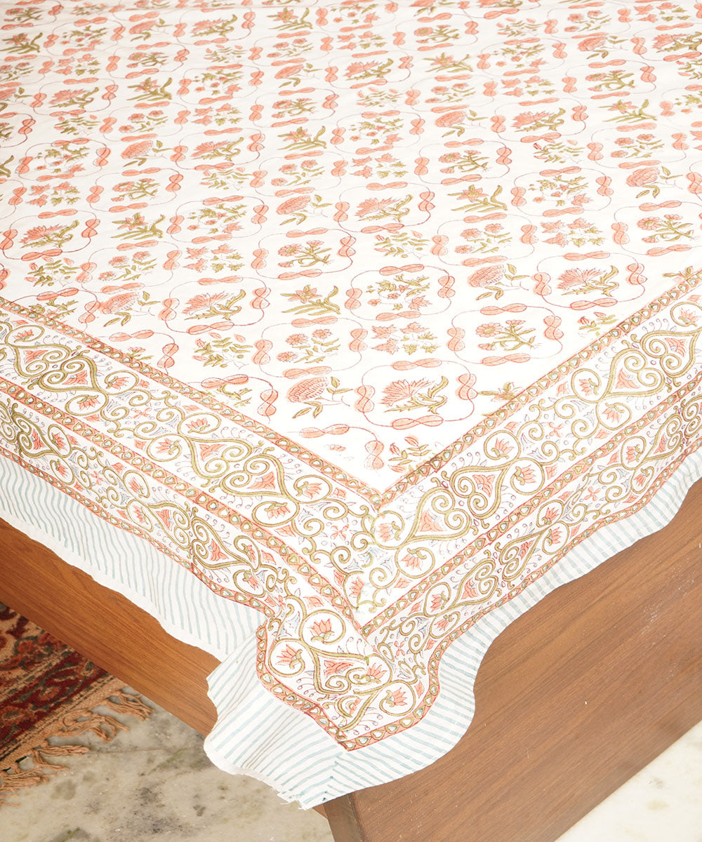 White brown cotton block hand printed bedsheet