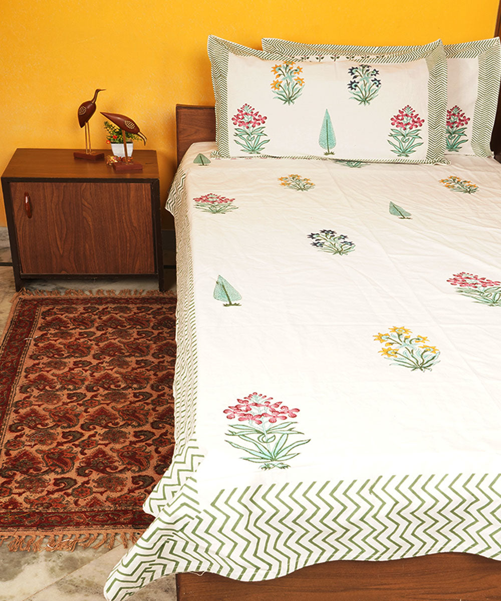 White green floral cotton hand block printed bedsheet